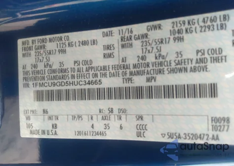 2017 Ford Escape Se z USA, uszkodzony, nr VIN 1FMCU9GD5HUC34665